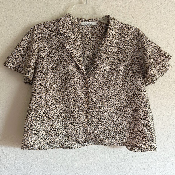 Anthropologie Hazel Boxy Cropped Blouse Sunflowers Flutter Sleeve Button Front - Picture 1 of 9